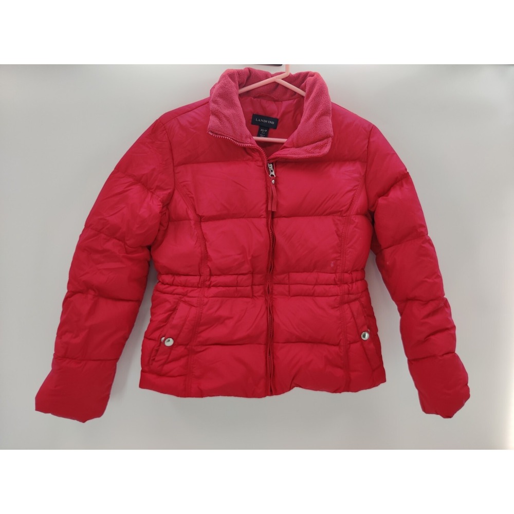 Lands End Puffer Jacket Girls XS Red Fleece Lined Collar Quilted Winter Coat